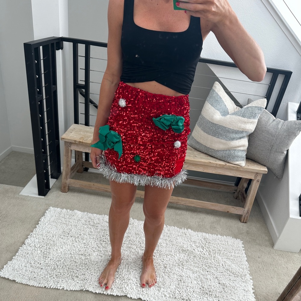 Love on a Hanger Red Sequin Christmas Mini Skirt Holiday Festive Trim | Size S - Picture 3 of 12